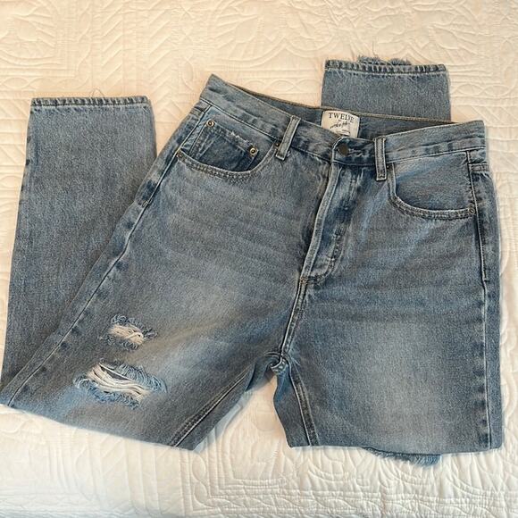 TWELVE by ontwelfth cotton high-waist BF blue jeans distressed button fly sz 28 - Picture 2 of 15